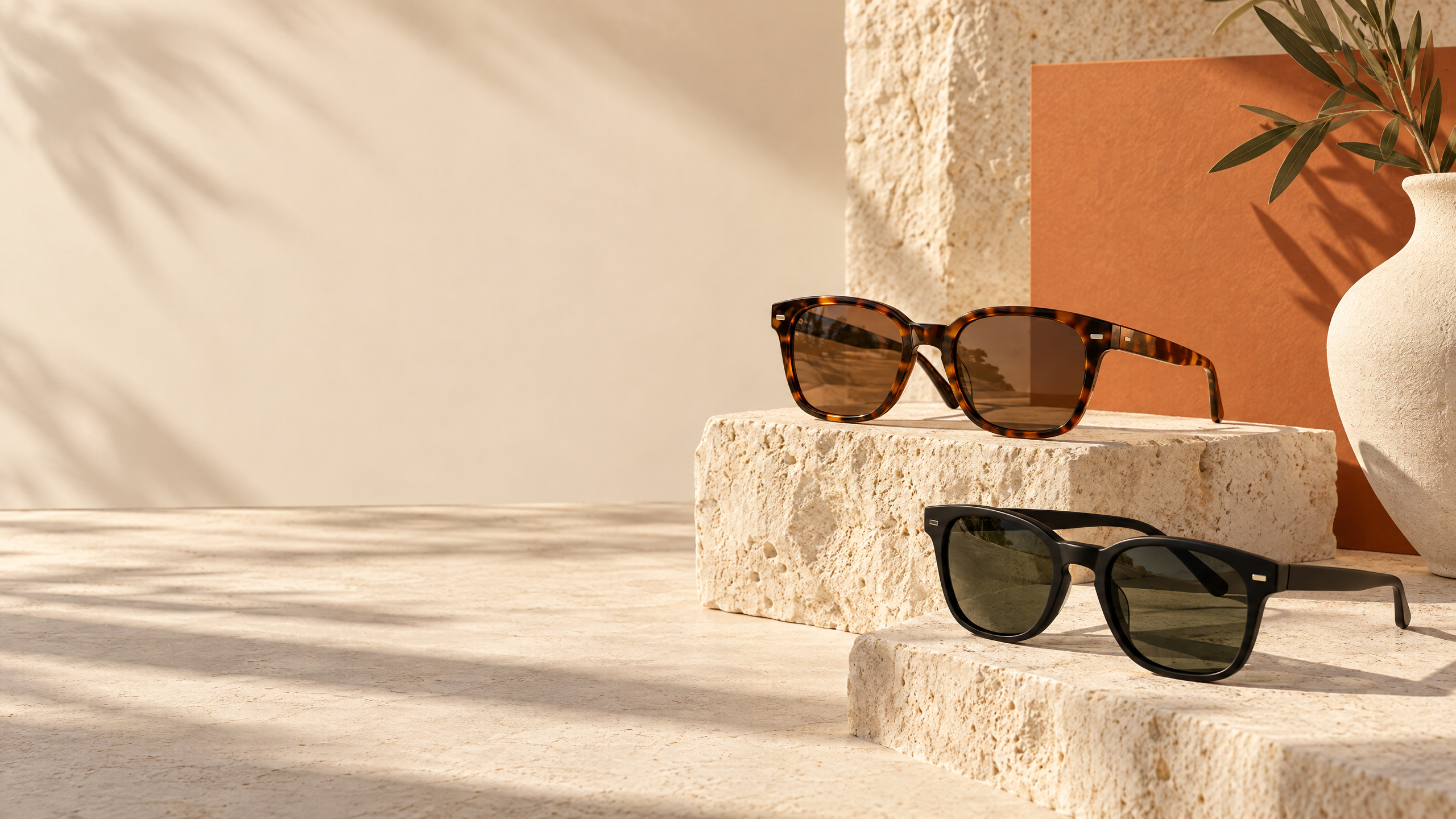 Classy sunglasses arranged on sculptural stone in warm sunlight